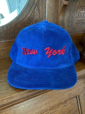 Super cool vintage retro blue corduroy New York SnapBack hat